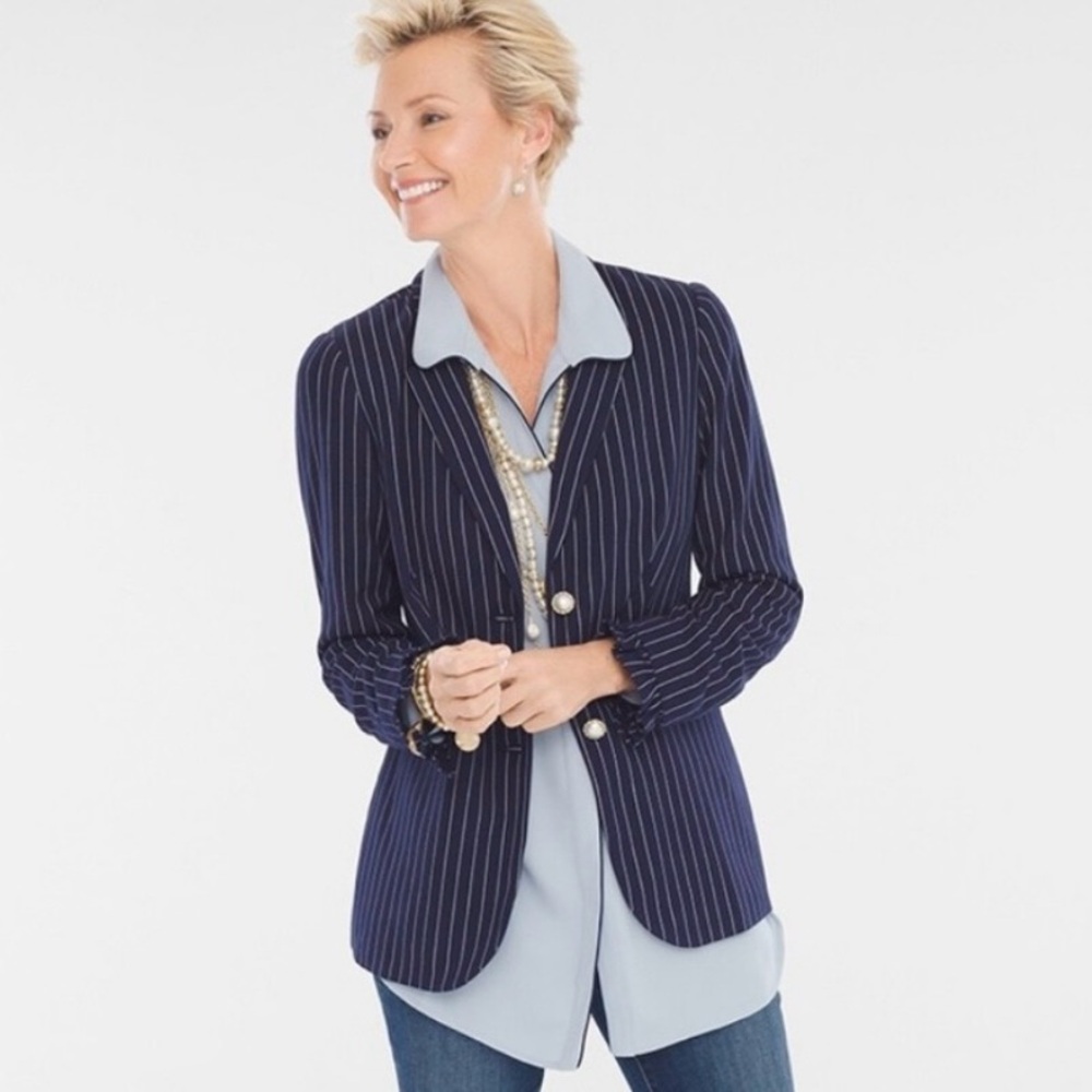 Chico's Navy and White Pinstripe Blazer